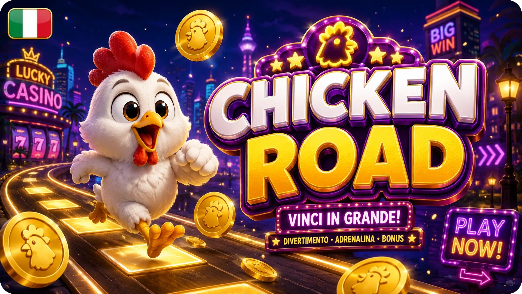 Chicken Road casino Italia con grafica neon e monete