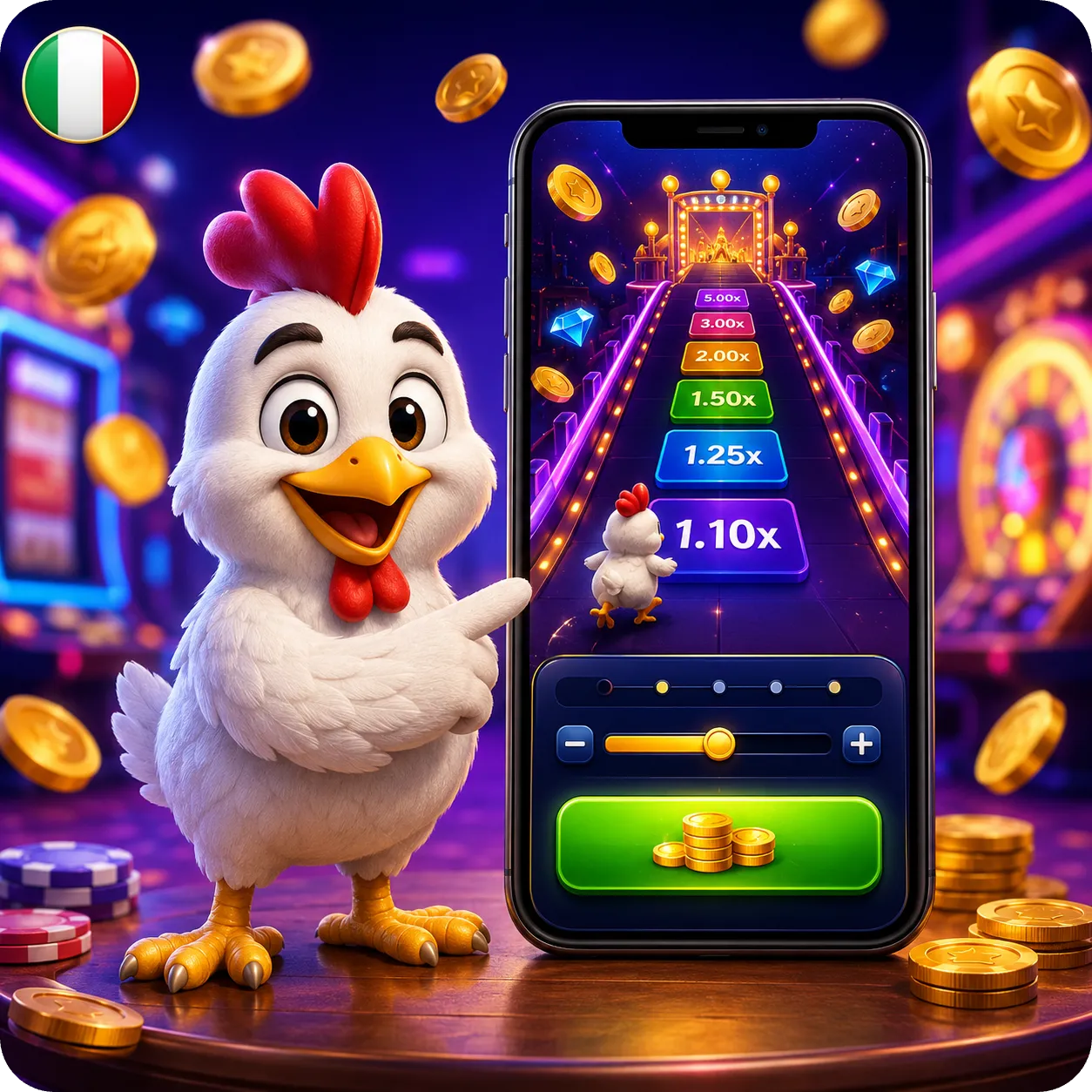 Chicken Road mobile casino con smartphone e monete